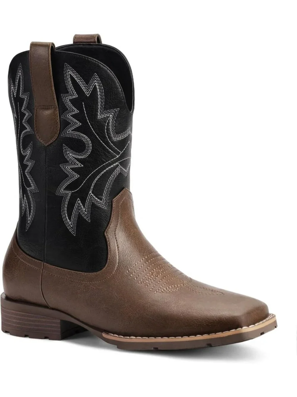 Men's Black Brown Faux Leather Slip On Square Toe With Embroidered Boots